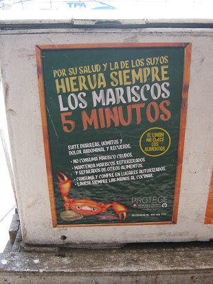 Plakat mit der Anweisung, allen Fisch 5
                          Minuten lang zu kochen