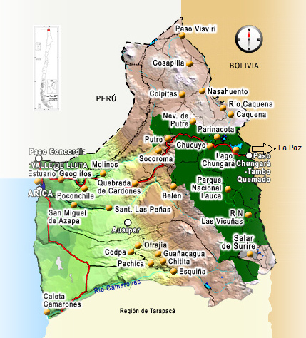 Mapa de la XV regin de Chile
                            (Arica y Parinacota) con Arica, Putre, y
                            Parinacota [5]