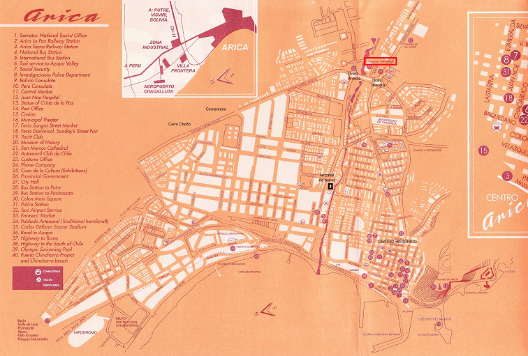 Der Stadtplan von Arica mit der Angabe
                            des Kunsthandwerkerdorfs an der
                            Hualles-Strasse [uaies]