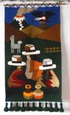 Wandteppich mit einer
                              Frauenversammlung (Intrigantinnen), einem
                              Lama, einem Vulkan und einem fliegenden
                              Adler