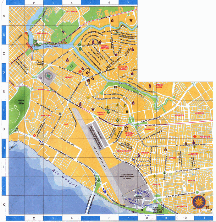 Plano de la ciudad de Guayaquil, norte
                            con el aeropuerto, con el terminal de bus
                            "Terminal Ro Daule", y con el
                            terminal de bus nacional e internacional
                            "Terminal Terrestre"