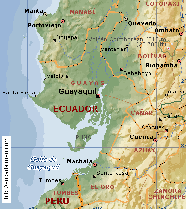 Karte des Kantons Guayas mit
                Guayaquil und der Insel Pun im Golf von Guayaquil [7],
                je nach Berechnung 855 [8] oder 911 km2 gross [9].