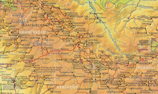 Karte: Ayacucho und seine Umgebung
                      (Ica-Ayacucho-Machu-Pichu) mit Relief und
                      Flusssystem.