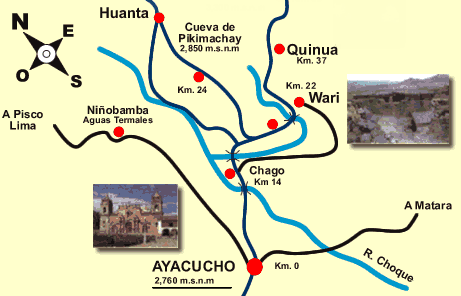 Karte
                      mit Ayacucho, Piqimachay, Wari / Huari, Quinua und
                      Huanta