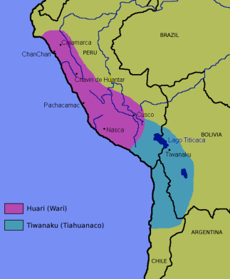 Mapa: Reinos de los indgenas Huari /
                          Wari (norte) y Tiwanaku / Tiahuanaco (sur)