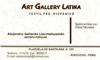 Alejandro Gallardo, visiting card,
                          Plazuela de Santa Ana no. 105 Ayacucho, Per,