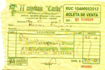 Ayacucho: Hotelquittung der Herberge
                        (hospedaje) Caribe vom 24.2.2007