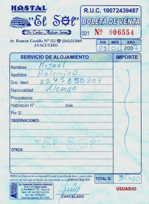Hotel receipt of the hostal "El
                        Sol" ("The Sun") from 2 March
                        2007, Ayacucho