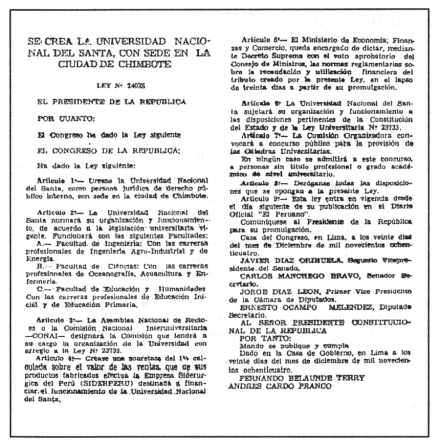 Constancia
                      de la fundación de la Universidad Nacional del
                      Santa 1984