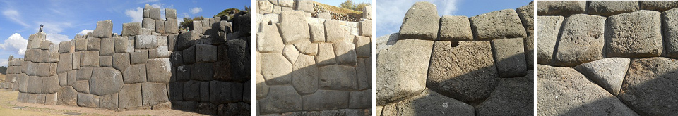 Cusco Sacsayhuamn: Die
                                        Mauern der Terrassenstufe 1 mit
                                        einem 10-Eckstein, mit
                                        Blumenmustern, mit
                                        Enwsserungsloch, mit einem
                                        Quasi-Dreieckstein etc.