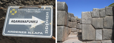 Cusco Sacsayhuamn: Die
                                        Mauern der Terrassenstufe 2 und
                                        3: Gebude mit Steinwnden und
                                        ein Wegweiser nach Aqawanapunku