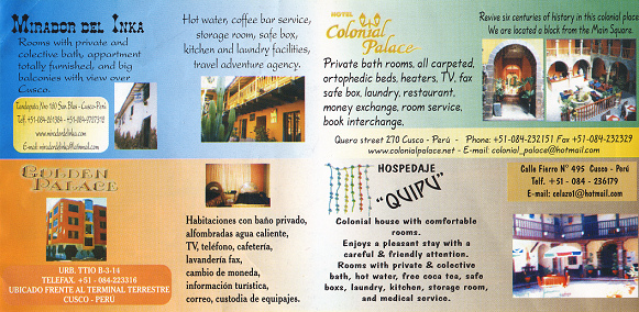 Faltblatt von Cial mit den Hotels Mirador,
                        Golden Palace, Colonial Palace und Quipu