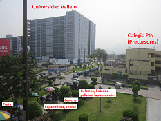Los Olivos, die Haltestelle
                                    Yanbal mit der Uni Vallejo und der
                                    Schule PIN und Strassenverkufern