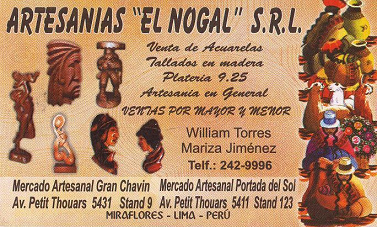 Markt fr peruanisches Kunsthandwerk
                        (artesana) in Miraflores: Visitenkarte der
                        Firma Torres Jimenez fr Holzschnitzereien