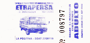 Billete de bus blanco y azul de la empresa
                        de bus "Etrapersa"