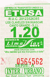 Grn-weisses Busbillet der Busfirma
                        "Etusa", Buslinie EO35 von Lurigancho
                        nach Chorrillos, grosser, roter Bus