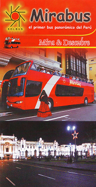 Busfirma "Mirabus", Bus fr
                        Touristenfahrten in Lima ohne Dach, Flugblatt