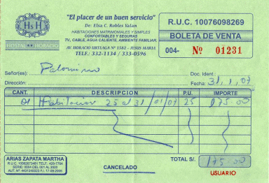 Boleto de hostal para Michael Palomino del
                        31-1-2007 del hostal Horacio en Jess Mara,
                        Lima, Per
