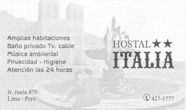Tarjeta de visita del hostal
                        "Italia" en el distrito de
                        "Lima", Lima, Peru