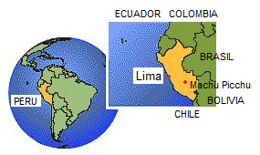 Globo con "Amrica" del Sur con el
                      Per con Lima y Machu Picchu, mapa en el globo
