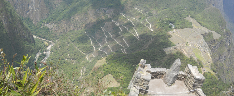 Machu Picchu, Sicht vom Weiler Huaynapicchu auf
                    die Serpentinenstrasse, die von der Ortschaft Aguas
                    Calientes (Heisse Wasser) nach Machu Picchu
                    heraufkommt, Panoramafoto