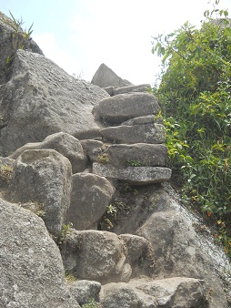 Aufstieg auf den Gipfel Huaynapicchu,
                    unregelmssige Treppe