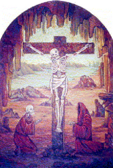 Pintura de
                  Pedro Marticorena con un esqueleto cruzado, otro
                  esqueleto pidiendo