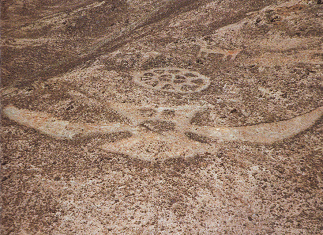 Geoglyphen am
                                        "Bemalten Berg"
                                        ("Cerro Pintado") bei
                                        Iquique in Nord-Chile, Eule und
                                        Rad (Koordinaten: Breite
                                        -20.623029, Lnge -69.668641)