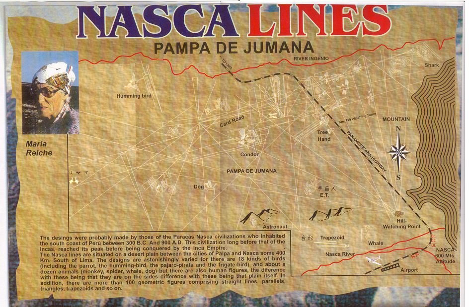 Poster der Linien von Nasca und Ingenio in der
                Ebene von Jumana "Pampa de Jumana" mit vielen
                geraden Linien und mit einem Portrait von Maria Reiche;
                Angaben sind in Englisch und einige auf Japanese, aber
                es fehlen viele Angaben, und der natrliche
                Aussichtshgel ist viel zu nah bei Nasca eingezeichnet,
                von wo viele Linien ausgehen.