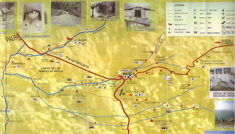 Die gelbe Karte der Region von Nasca mit einigen
                willkrlich eingezeichneten Linienmotiven, absolut
                falsch eingezeichnet, aber mit vielen Ortschaften,
                Drfern, Flssen und Bergen, die gut eingezeichnet sind,
                mit dem Aussichtsturm ("Mirador metalico") und
                mit dem Aussichtshgel ("Colina"), auch mit
                dem Weissen Berg ("Cerro Blanco") und mit den
                Pyramiden des Zeremonialzentrums des heutigen Cahuachi
                und mit der Pyramide mit dem Sulenbereich
                ("Estaquera"), und mit Distanzangaben.