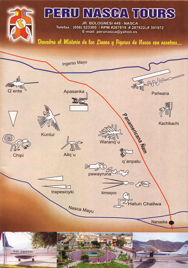 Mappa delle linee di Nazca dell'agenzia di viaggi
                "Per Nazca Tours", con indicazioni in
                Ketschua e Nanaska per Nazca.