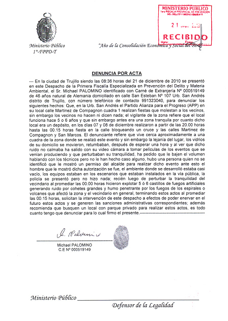 Denuncia contra una fiesta ilegal de la
                            partida del alcalde Acua del 7 a 8 de
                            diciembre 2010, denuncia del 21 de diciembre
                            2010