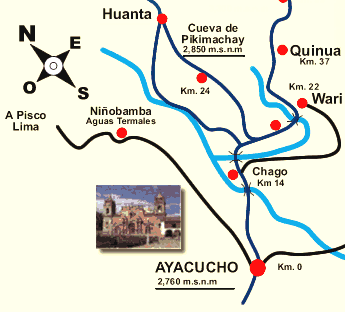 Mapa con la
                          posicin de la cueva de Piquimachay /
                          Pikimachay entre Ayacucho y Huanta