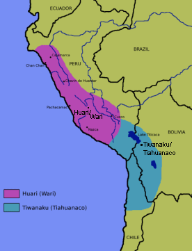 Mapa de las culturas Tiawanako
                            (Tiwanaku, Tiahuanaco) y Huari (Wari)