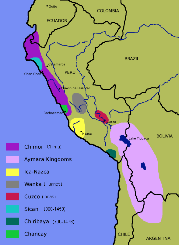 Mapa de la costa del oeste del
                  America del Sur con sus reinos a la costa y reinos
                  andinos en 1438