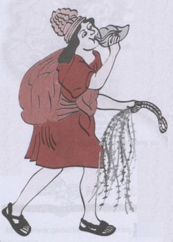 Chasqui con quipus
                          (cordeles de nudos) y con un pututo, dibujo
