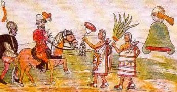 El colonialista a caballo,
                          ejemplo de Cortez en Mxico que recibe regalos
                          de los indgenas