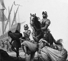 Francisco Pizarro a caballo, indgenas tienen que
                traer su oro en el barco de los espaoles, pintura