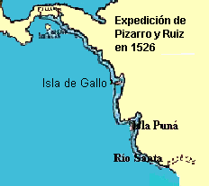 Mapa con la expedicin de Pizarro y
                Ruiz al Ro Santa 1526