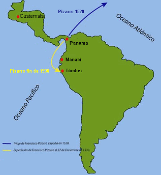 Mapa con las indicaciones del viaje de
                      Pizarro a Espaa (1528) y su ataque al fin de 1530
                      contra el imperio incaico Tawantinsuyo
