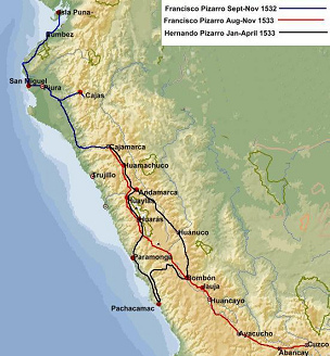 Mapa de la ocupacin del imperio incaico
                      (Tawantinsuyo) por Pizarro 1531-1533
