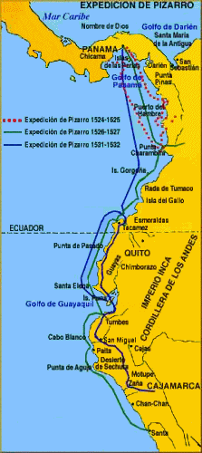 Mapa con las expediciones de Pizarro
              1524-1527 al Ro Santo y el ataque al fin de 1530-1532 a
              Cajamarca