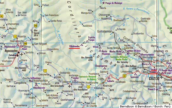 Mapa con Vilcabamba, Cusco, la
              fortaleza Sacsayhuamn, y Ayacucho (Berndtson &
              Berndtson / Borch)