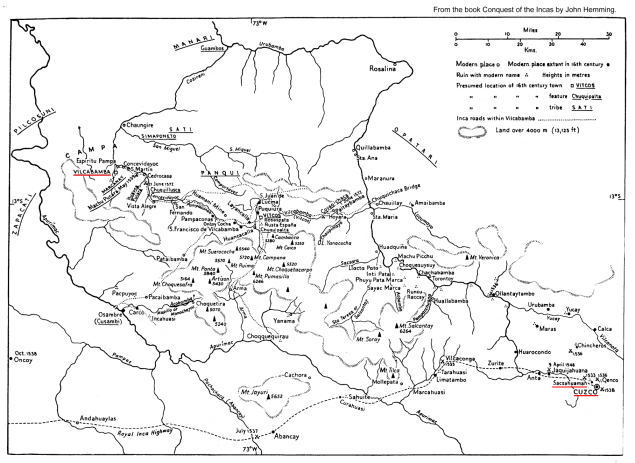 Mapa con Vilcabamba, Cusco y la fortaleza
                Sacsayhuamn y muchos sitios de batalla entre incas y
                espaoles y sus colaboradores (Mapa de John Hemming:
                Conquest of the Incas)