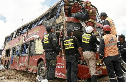 Bus destruido por un loco chofer
                  entre Cuzco y Arequipa dejando 6 muertos y 42 heridos,
                  23 de noviembre 2011