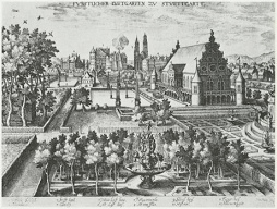 Kartoffeln kamen zuerst
                                          als "schne Blume"
                                          in Ziergrten, botanische
                                          Grten, Universittsgrten und
                                          Lustgrten, hier ein
                                          Lustgarten in Stuttgart von
                                          1616 [24]