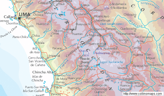 Karte 01: Die Strecke Lima-Pisco-Ayacucho
                      durch das Pisco-Tal mit dem Pisco-Fluss. Der Ort
                      Huaitar ist ein Geheimtip.