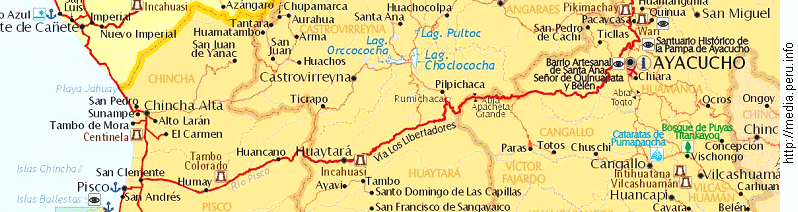Mapa 08:
                        Pisco-Ayacucho (Va Los Libertadores) de
                        peru.info con el transcurso justo de la
                        carretera por el valle Huaytar y a la izquierda
                        de Ayacucho