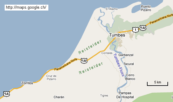 Karte mit der Strecke Tumbes - Corrales -
                          Cruz - Zorritos