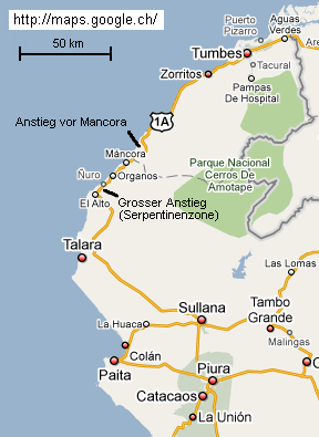 Karte mit der
                        Strecke von Zorritos ber Mancora und Sullana
                        nach Piura